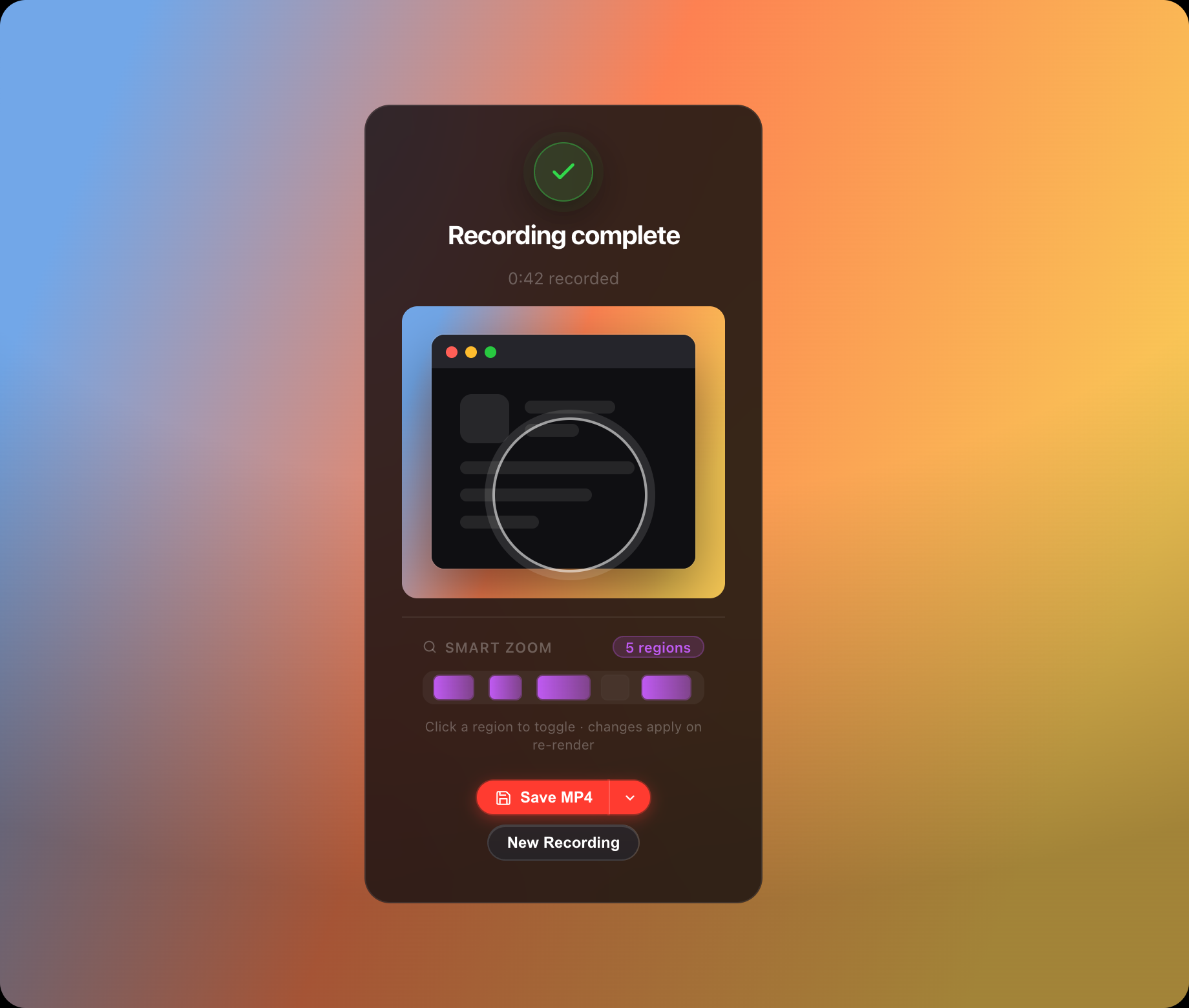 Recordr Done screen — recording complete with the Smart Zoom region timeline